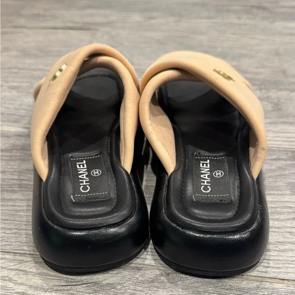 Chanel beige black Rev criss cross puffy CC logo slide sandals